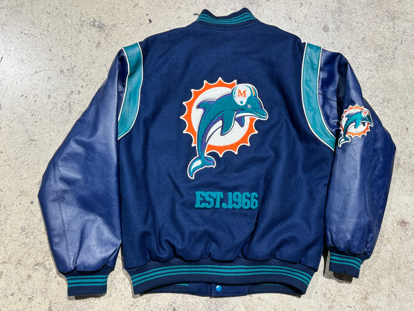 Miami Dolphins Reversible Varsity Leather Sleeve Jacket - Navy Size Medium