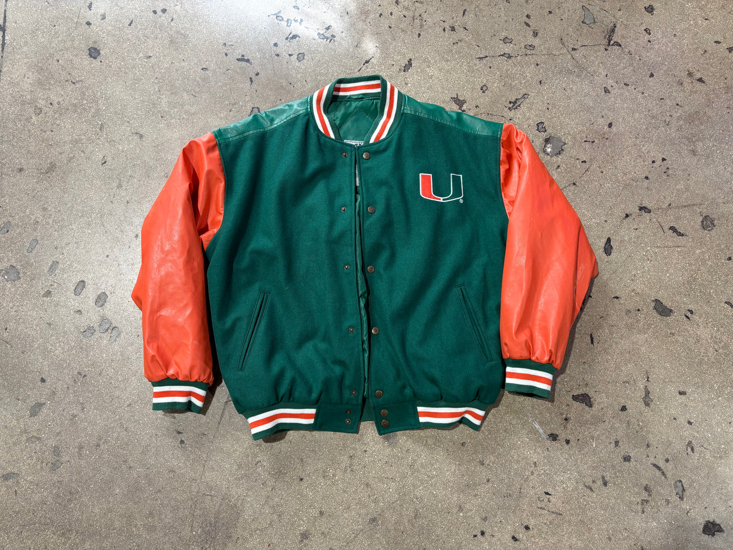 Steve & Barrys Miami Hurricanes Leather Varsity Jacket - Green / Orange Size Large