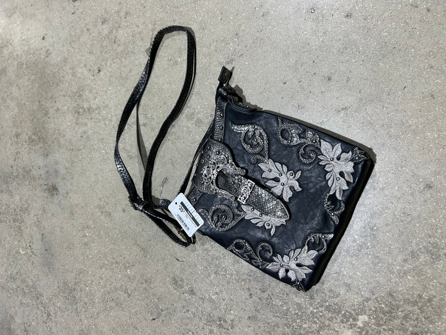 Leather Embroidered Purse - Black