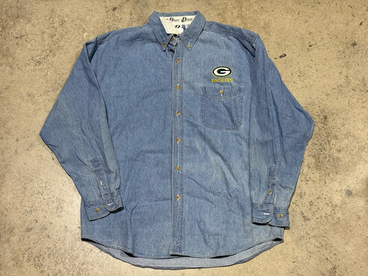 Dynasty Green Bay Packers Denim Button Up Shirt Size Large