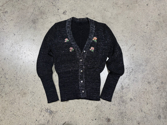 Womens Flower Glitter Cardigan - Black Size Small