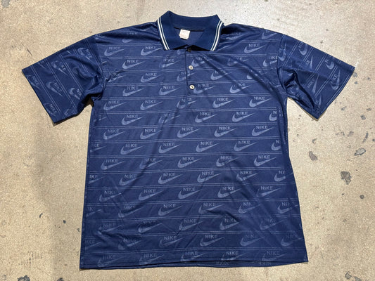 Bootleg Nike All Over Print Polo Shirt - Navy Size XL