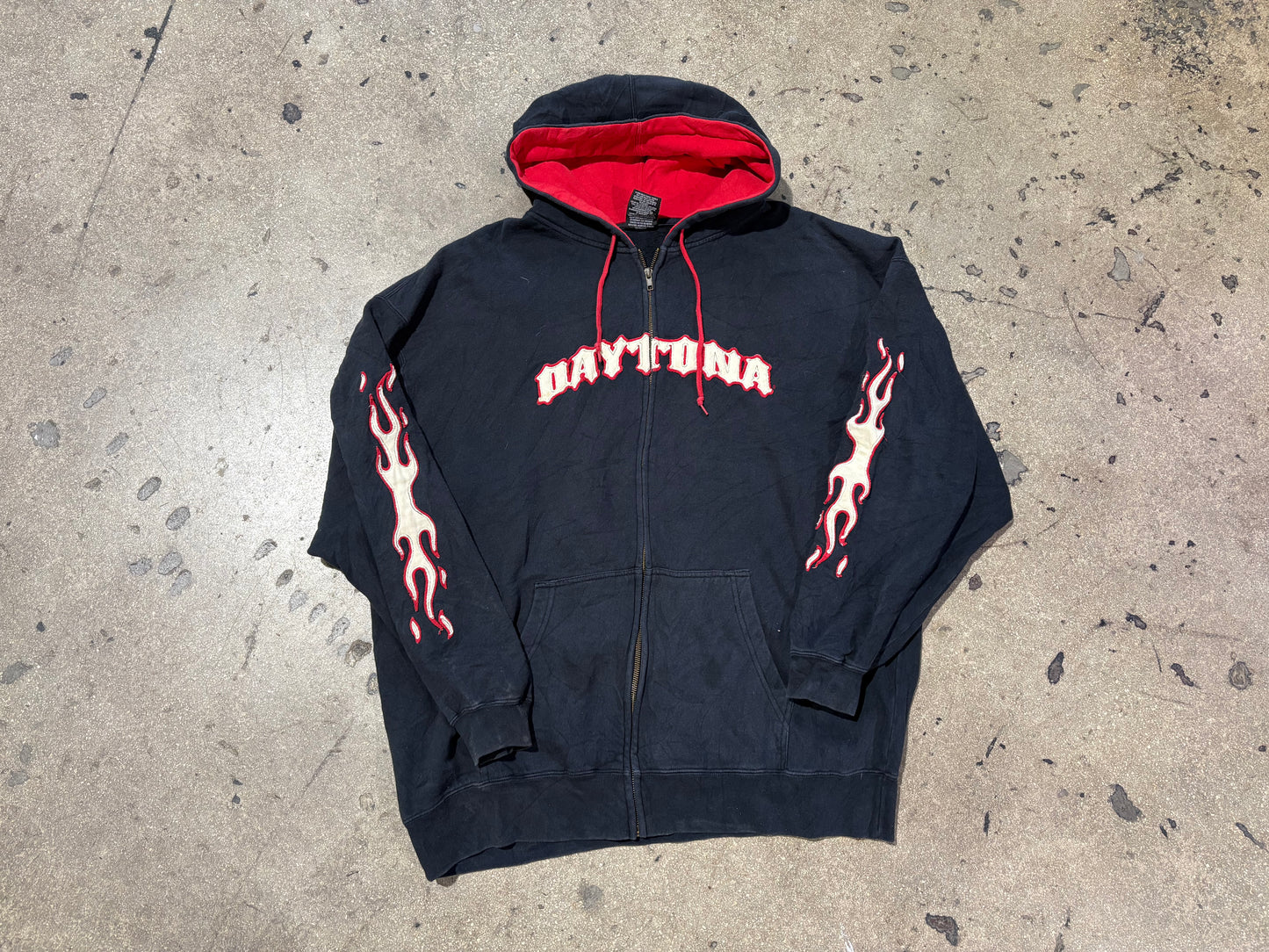 Daytona Embroidered Sleeve Flames Zip Up Hoodie - Black Red Size XXL