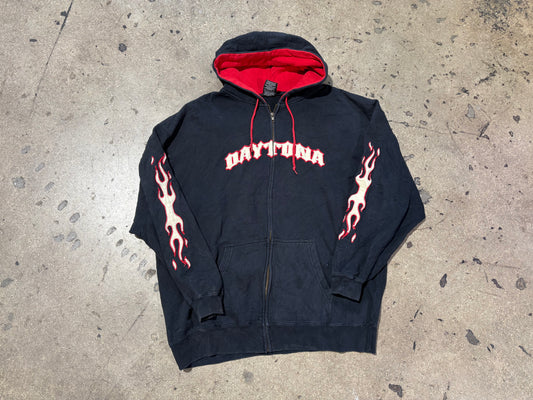 Daytona Embroidered Sleeve Flames Zip Up Hoodie - Black Red Size XXL