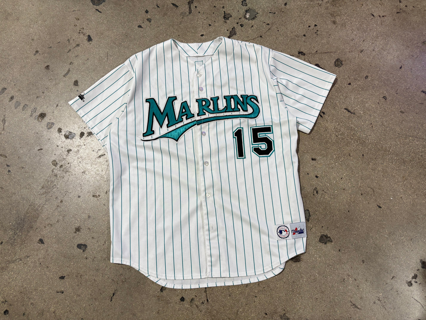 Majestic Florida Marlins #15 Salazar Pinstripe Baseball Jersey - White Size XL