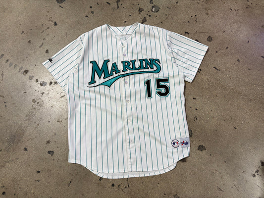 Majestic Florida Marlins #15 Salazar Pinstripe Baseball Jersey - White Size XL