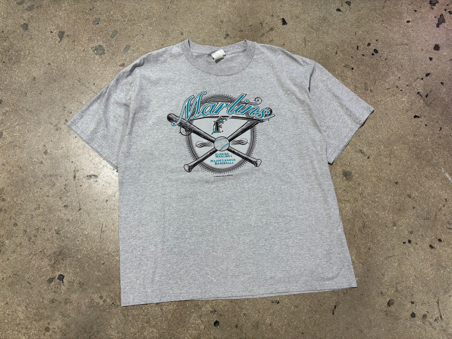 2001 Florida Marlins Cross Bat Logo Tee - Grey Size XL
