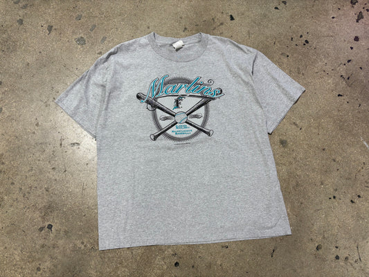 2001 Florida Marlins Cross Bat Logo Tee - Grey Size XL