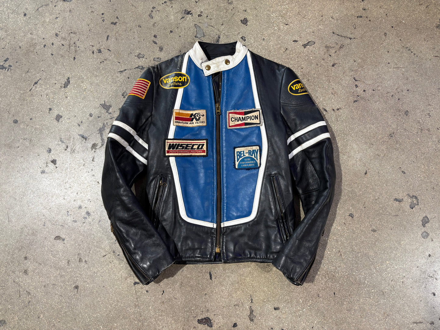 Vanson Leathers Patches Racing Jacket - Black / Blue Size Small