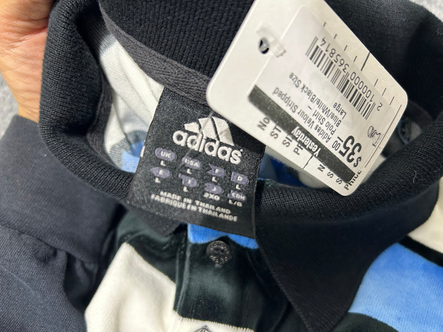 Adidas Velour Stripped Polo Shirt - Blue/White/Black Size Large