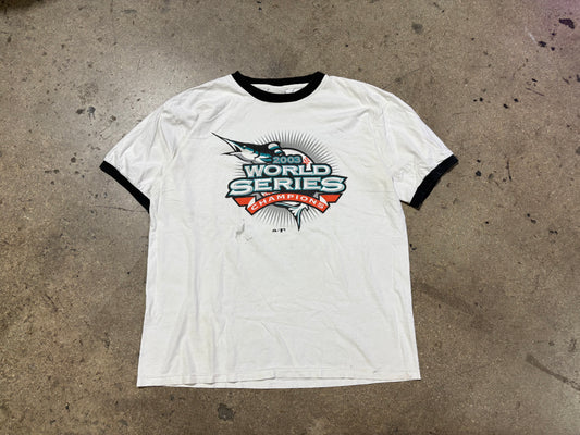2003 Florida Marlins World Champ Ringer Tee - White Size XL