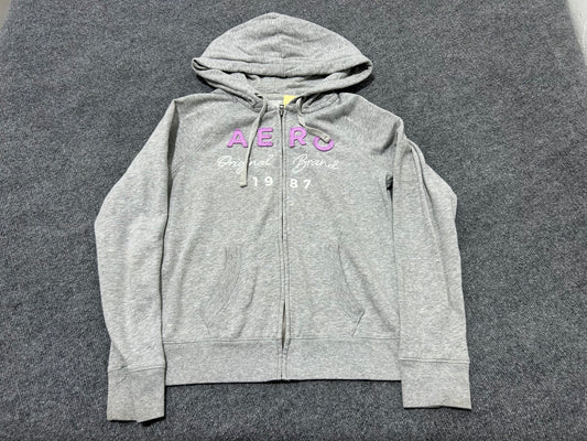 Aero Spell Out Zip Up Hoodie - Grey Size Small