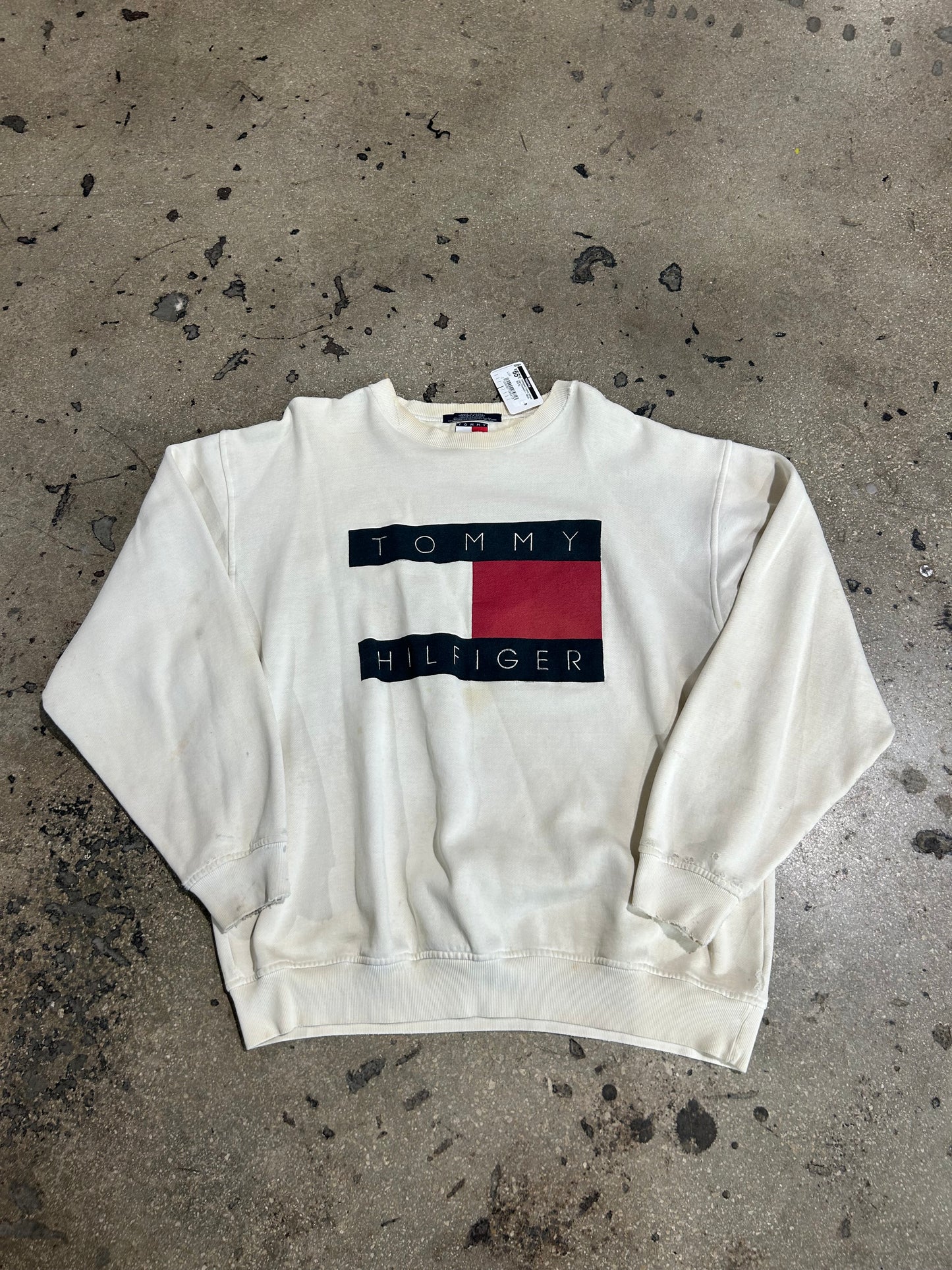 Distressed Tommy Hilfiger Logo Crewneck - White Size XL