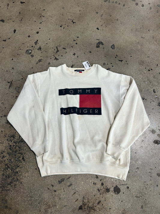 Distressed Tommy Hilfiger Logo Crewneck - White Size XL