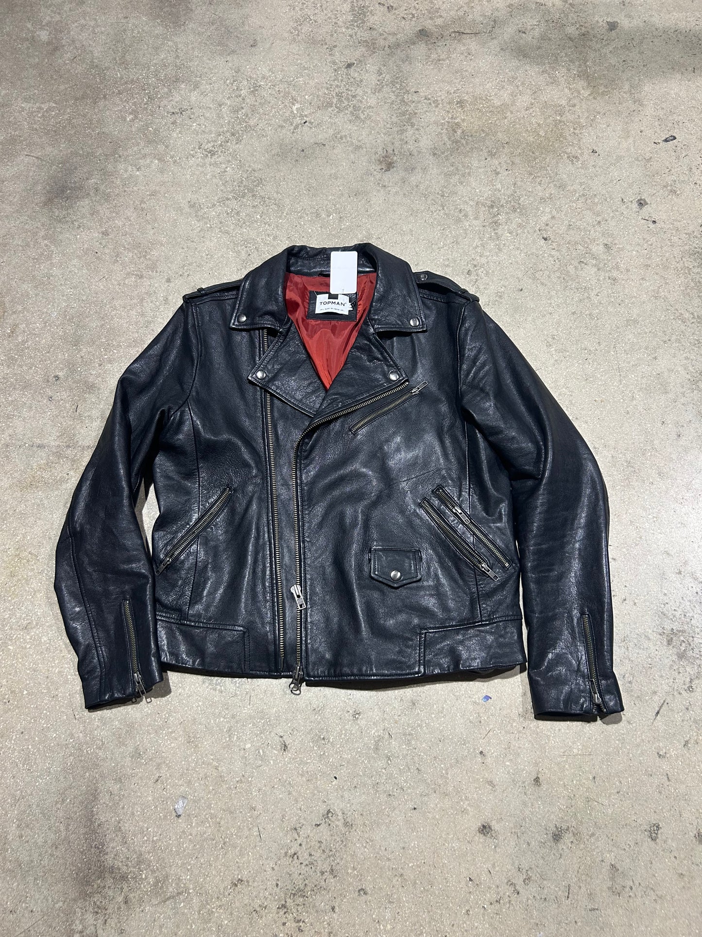 Topman Moto Leather Jacket - Black Size Large