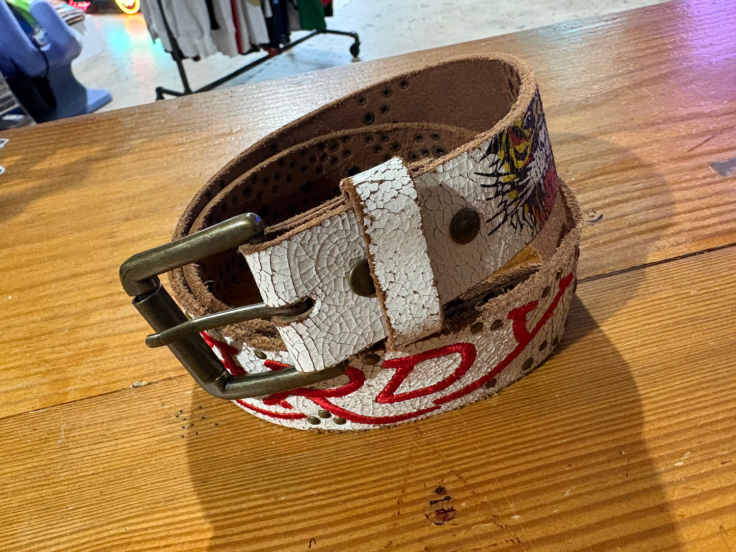 Ed Hardy Cracked Leather Belt - White