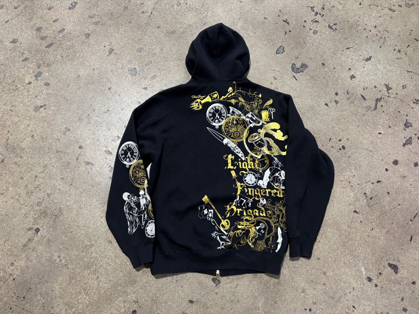 Artful Dodger Embroidered Zip Up Hoodie - Black / Gold Size Medium