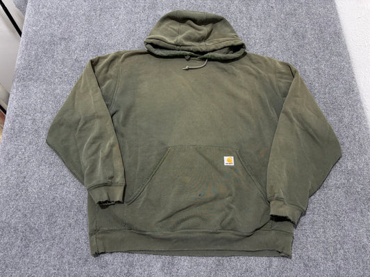 Distressed Carhartt Pull Over Hoodie - Faded Olive Size XL