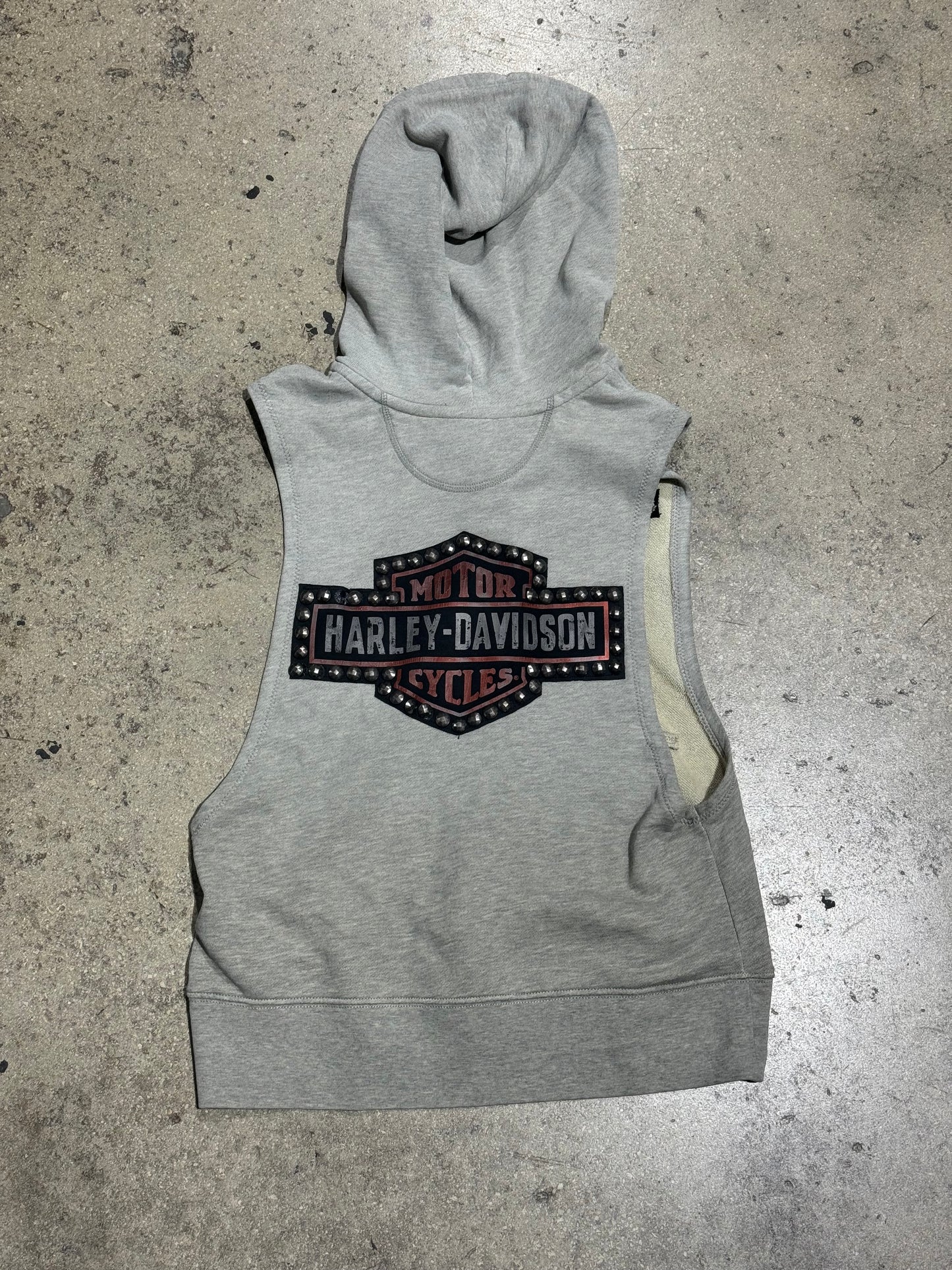 Harley Davidson Studded Logo Sleeveless Hooded Jacket - Grey Size Medium