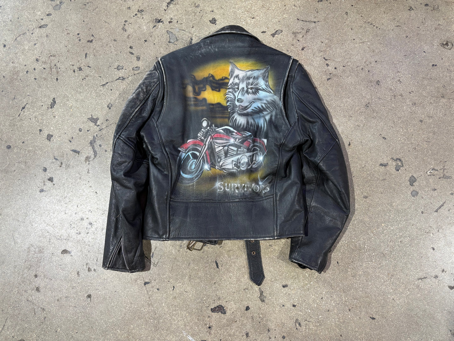 Rebel Rider Airbrushed Lobo Leather Biker Jacket - Black Size 38/Medium