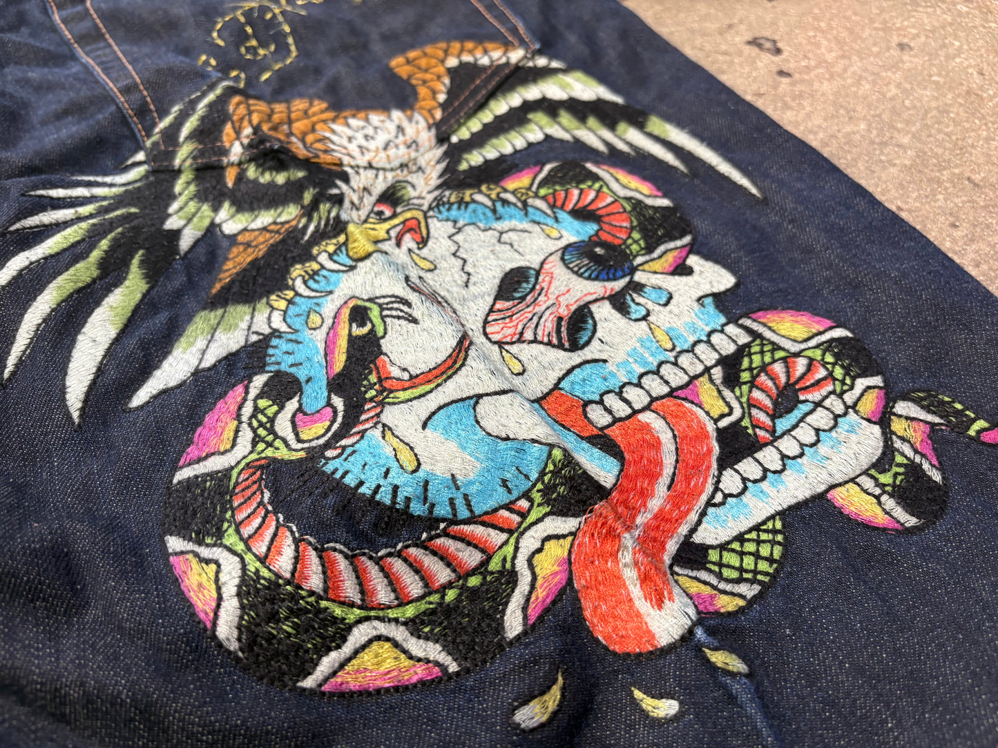 Ed Hardy Embroidered Skull & Eagle Denim Jeans - Dark Blue Size 40 x 34