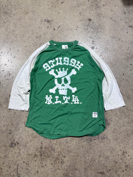 Stussy Crossbones Raglan Tee - Green/White Size XL (24x29.5)