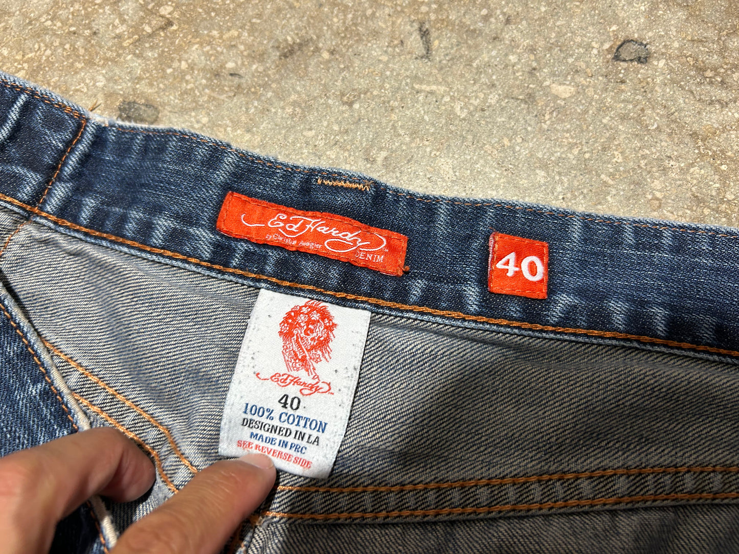 Ed Hardy Big Embroidered Denim Jean Shorts - Blue Size 40