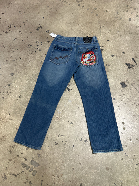 Ed Hardy Dead or Alive Horse Denim Pants - Blue Size 34x32