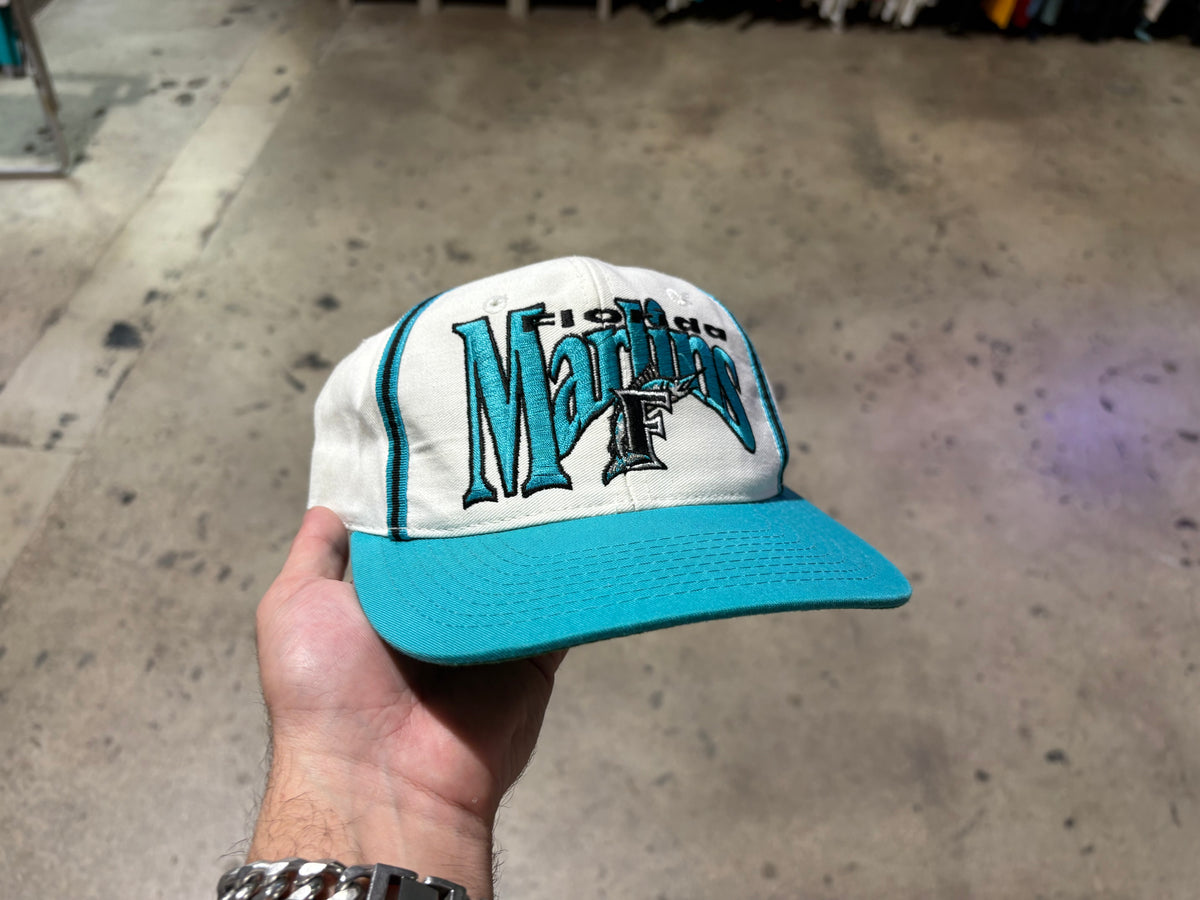 Florida Marlins Striped Snapback Hat - White / Teal