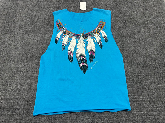 Wyoming Native Feathers Cutoff Tee - Aqua Blue Size Large