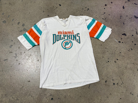 80s Miami Dolphins Raglan T Shirt Jersey - White Size Large
