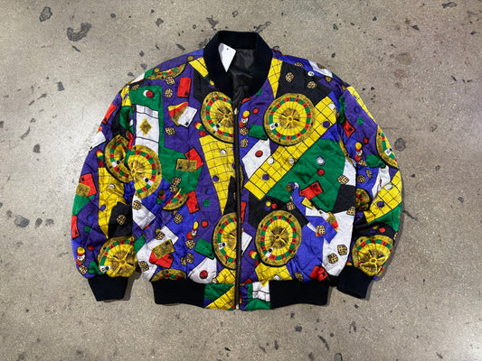 80s Casino Roulette Satin Bomber Jacket - Purple Size Medium
