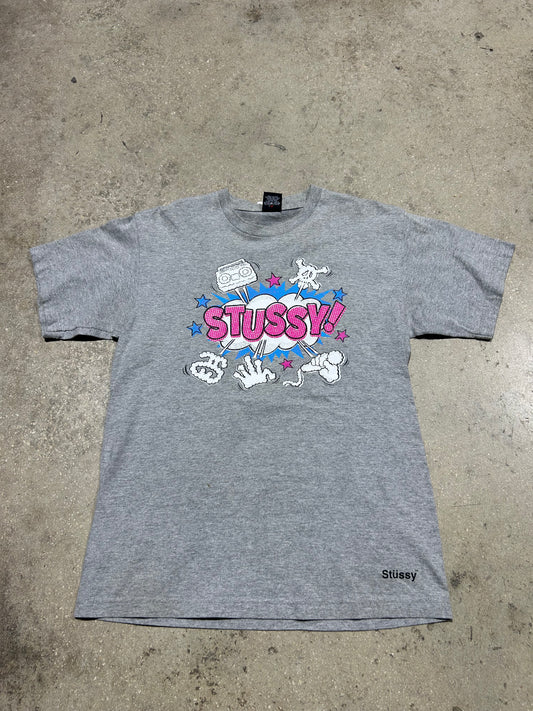 Stussy Cloud Logos Tee - Grey/Pink/Blue Size Medium