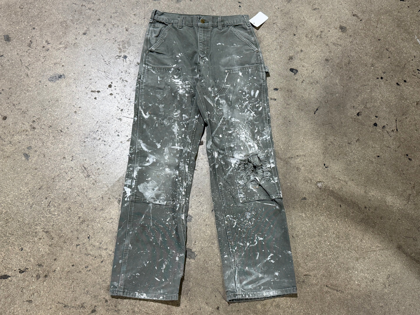 Distressed Carhartt Double Knee Pants - Faded Olive/Paint Splatter Size 30x32