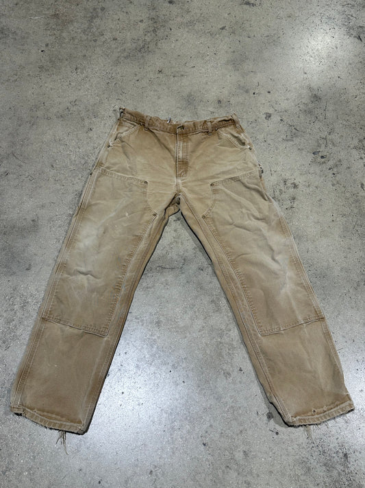 Distressed Carhartt Double Knee Pants - Faded Khaki Size 36x32