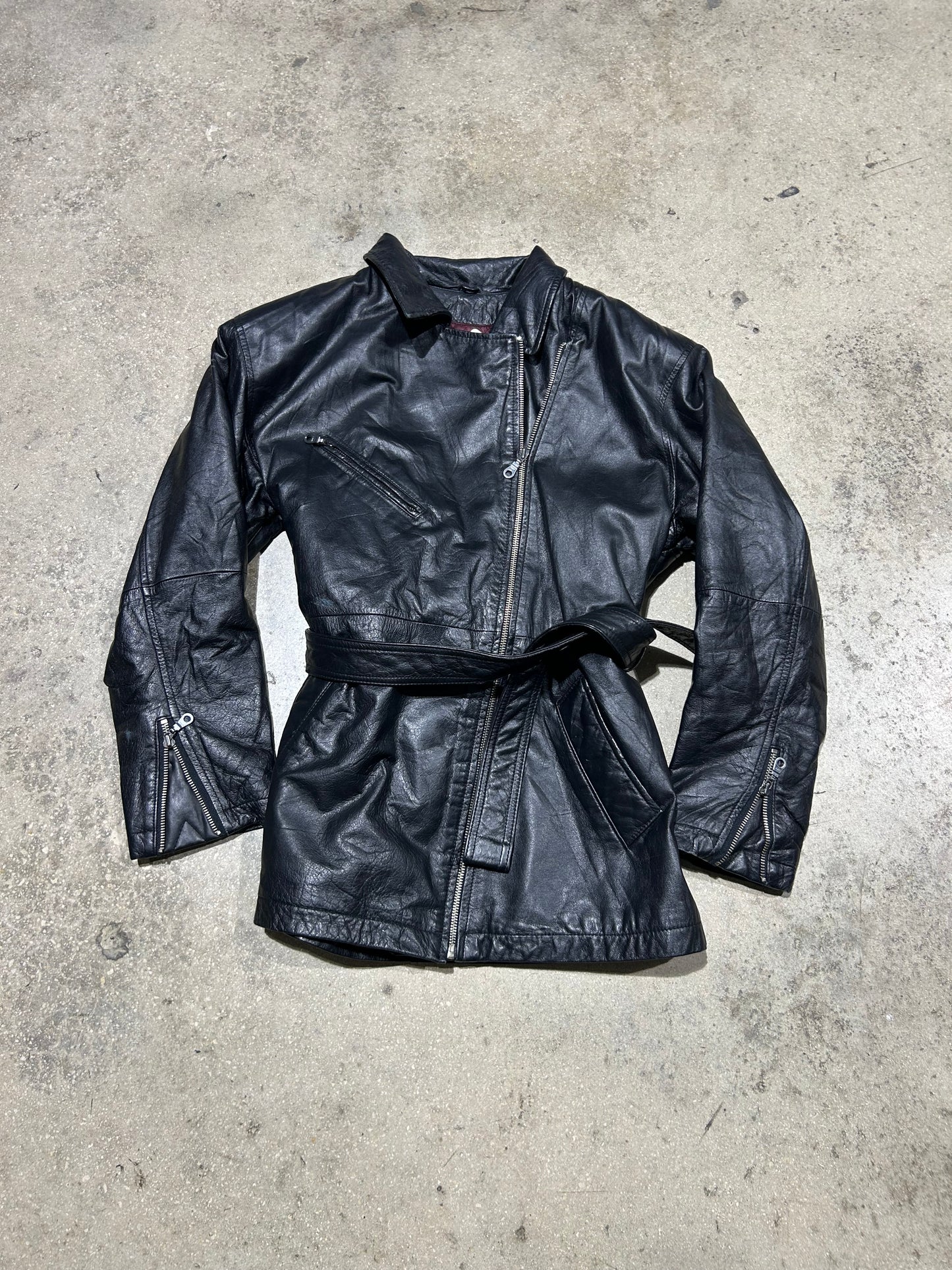 WMNS Leather Short Trench Coat - Black Size Medium
