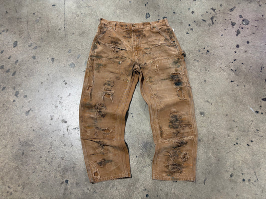 Distressed/ Thrashed Carhartt Double Knee Pants - Khaki Size 34 x 29