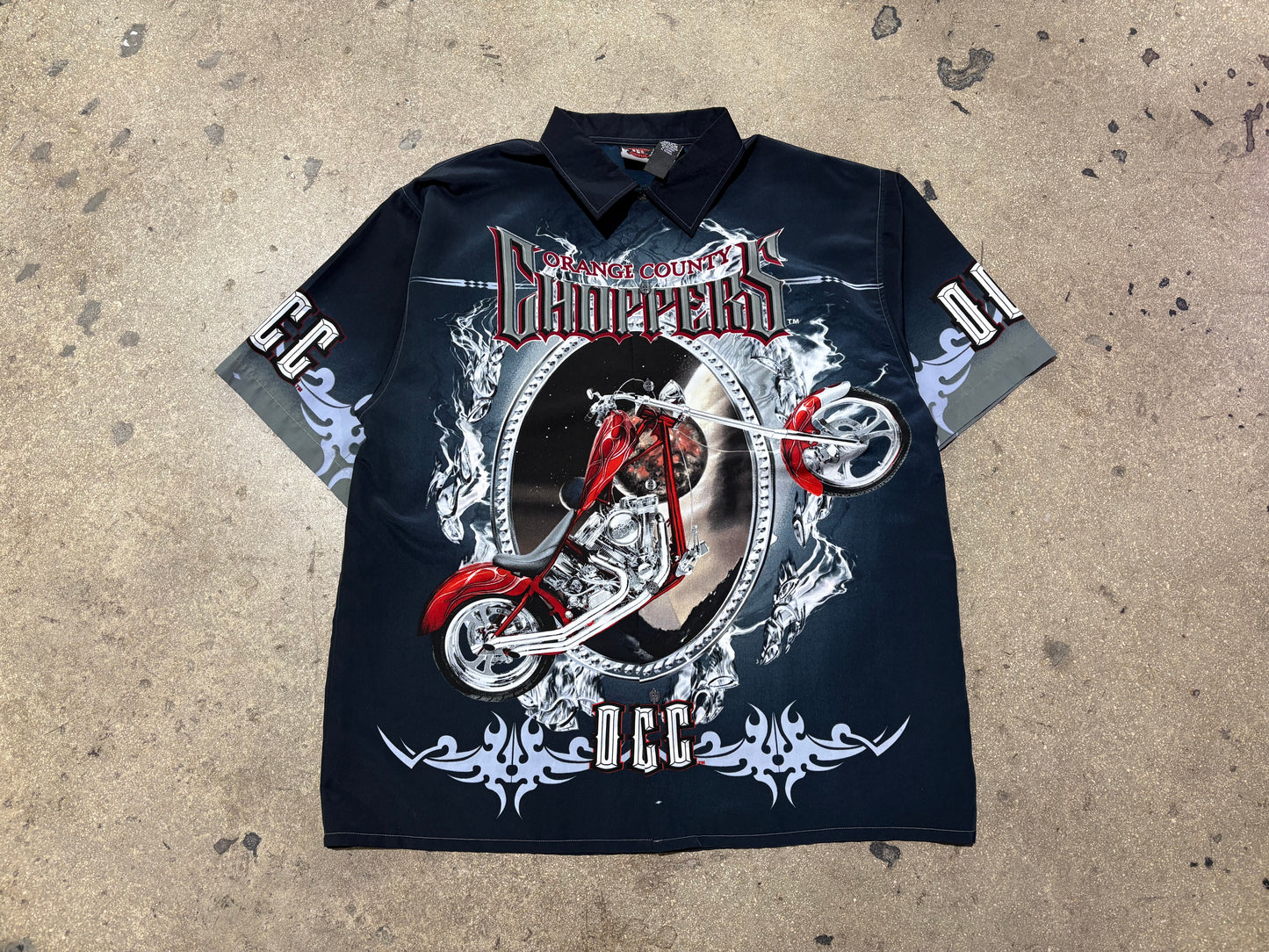 2004 Orange County Choppers Rayon Button Up Shirt - Navy Size XL