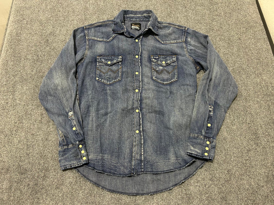 Wrangler Pearl Buttons Denim Shirt - Blue Size Large