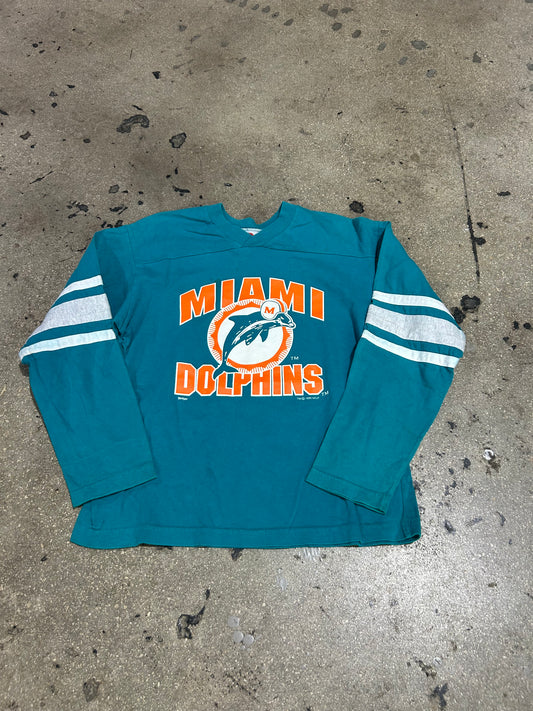 1995 Miami Dolphins V Neck Longsleeve Shirt - Teal SIze Medium
