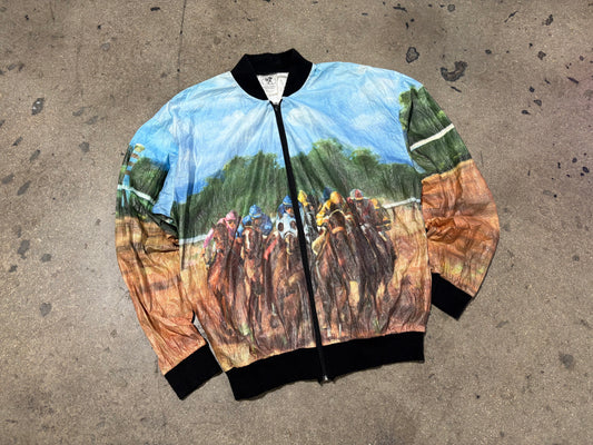 Thoroughbred Horse Racing Light Windbreaker Jacket - Blue/Brown Size Large