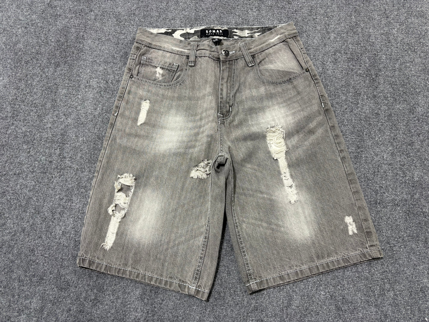 Koman Distressed Baggy Jean Shorts - Grey Size 34