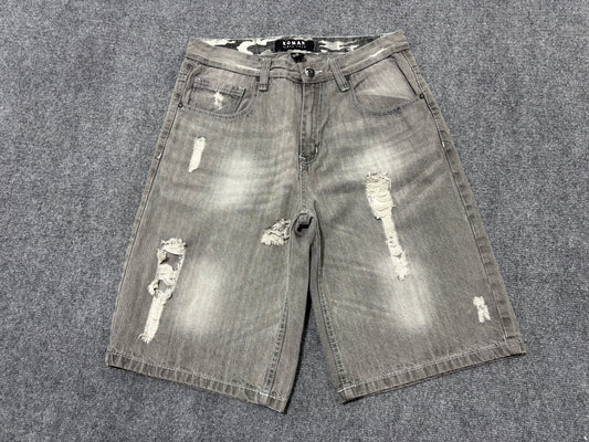 Koman Distressed Baggy Jean Shorts - Grey Size 34
