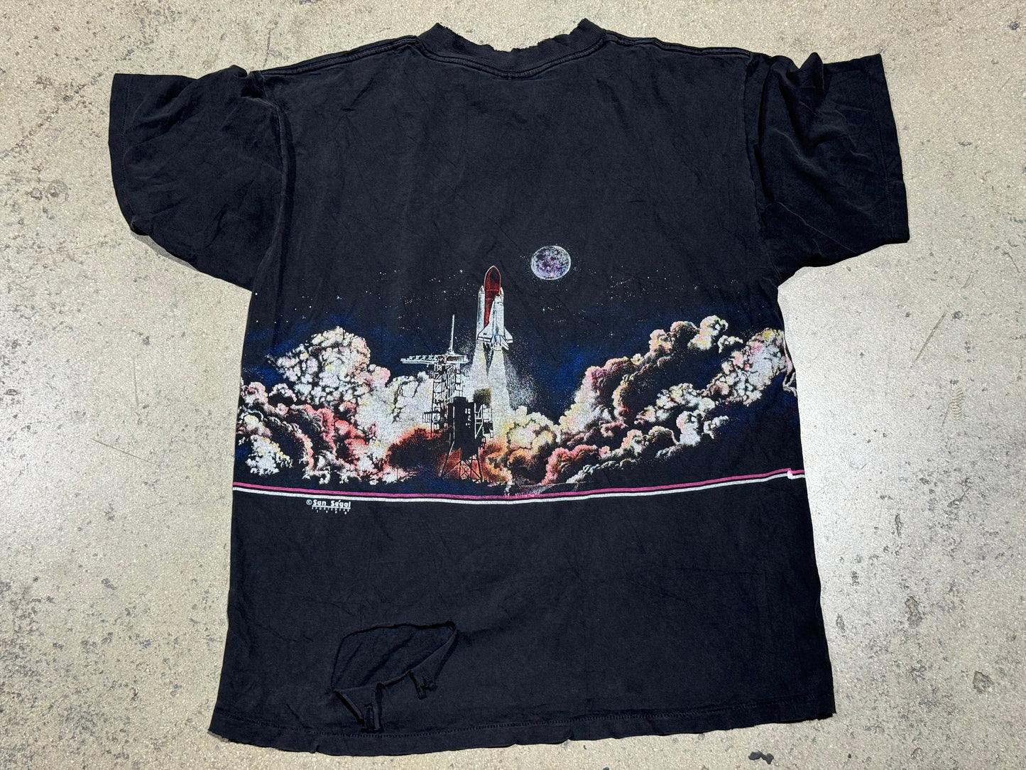 Distressed 1990 Florida Wrap Around Space Station Tee - Black Size Large