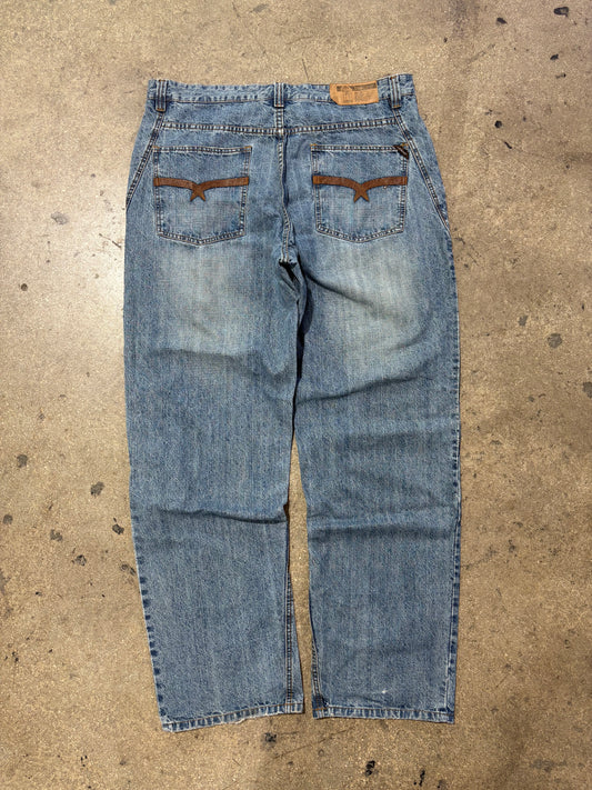 LRG Leather Patch Baggy Denim Jeans - Blue Size 40