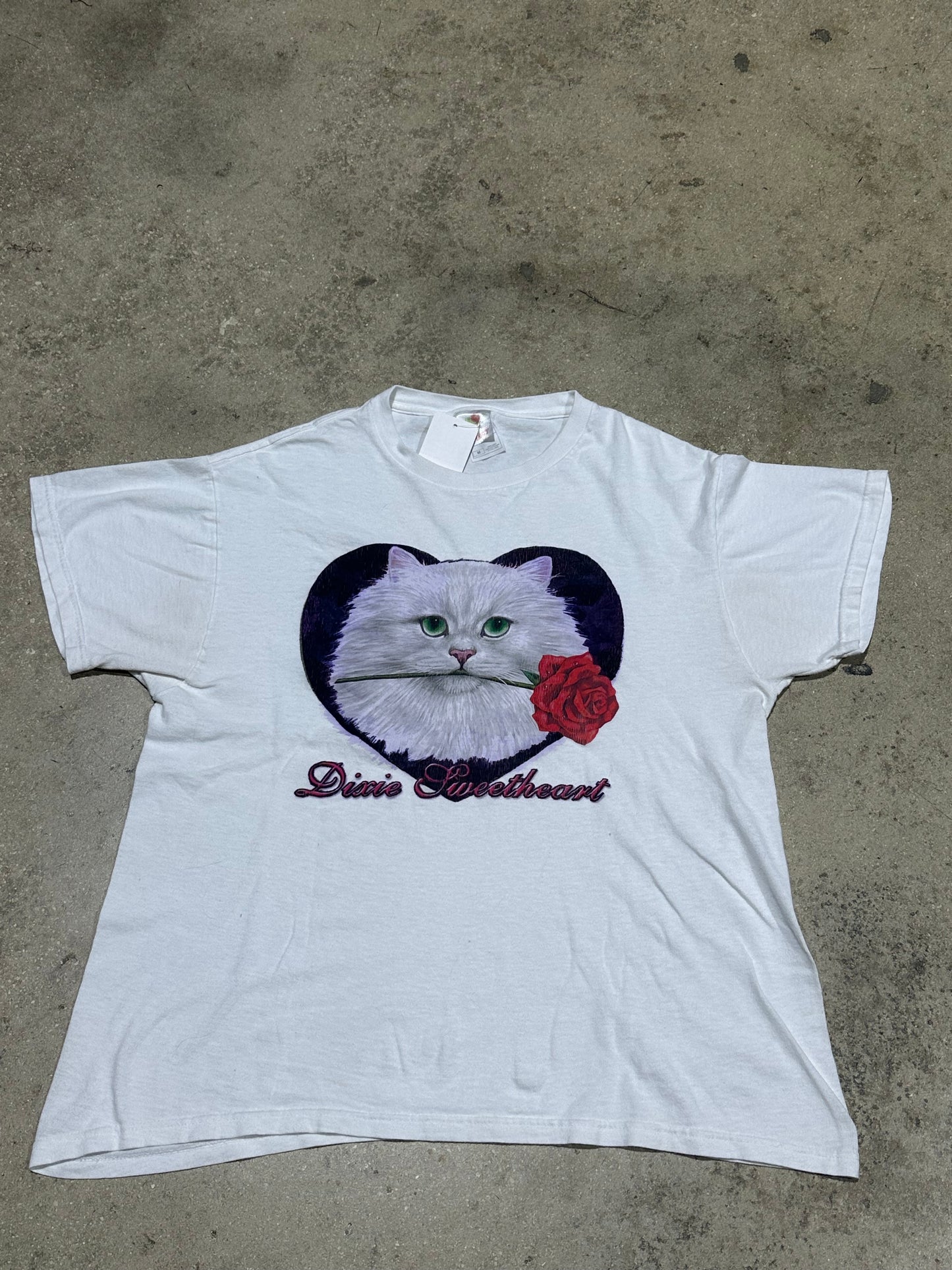 Dixie Sweetheart Kitten Cat Tee - White Size Medium