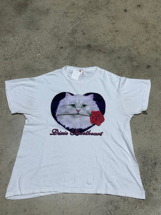 Dixie Sweetheart Kitten Cat Tee - White Size Medium