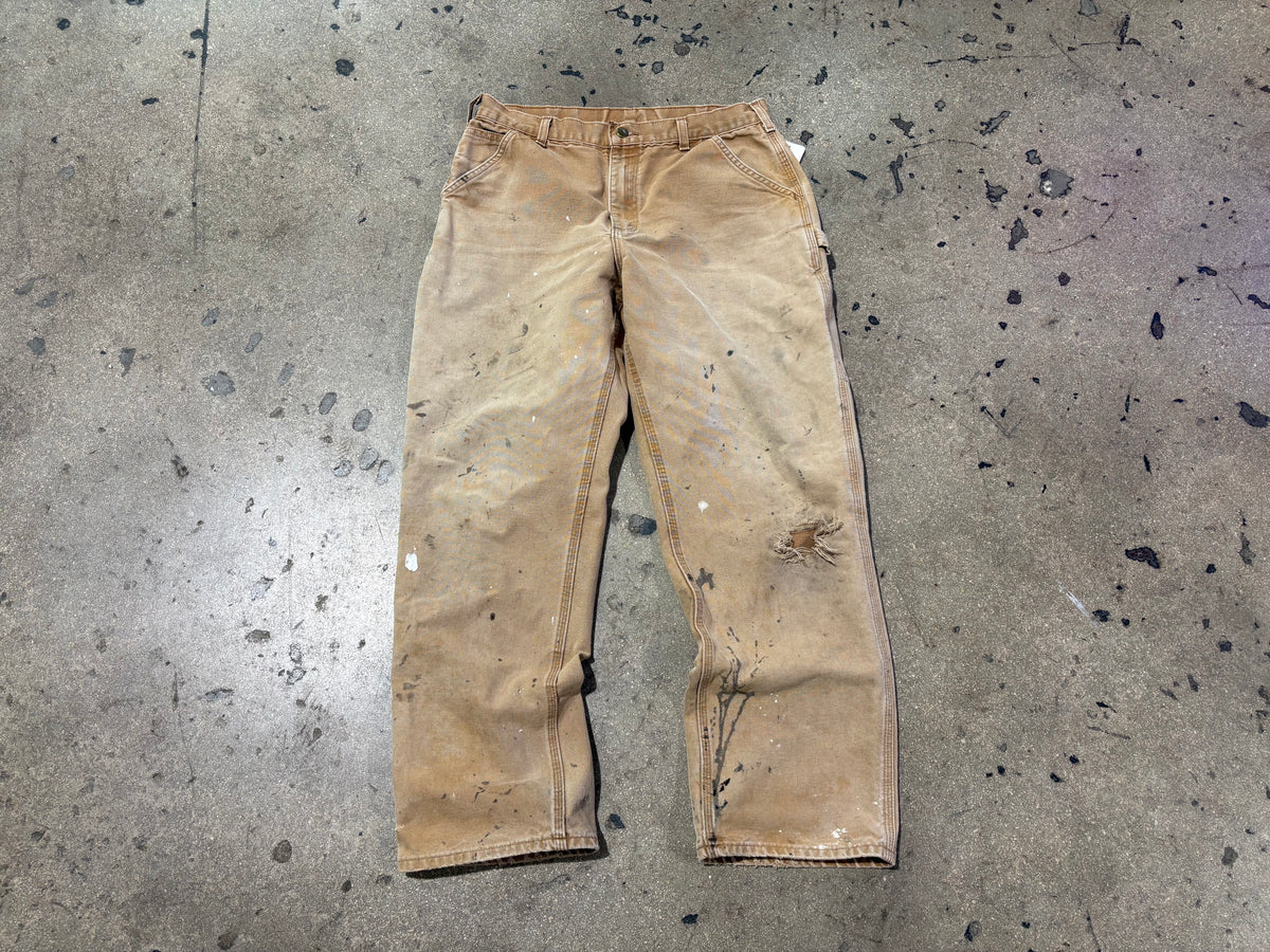 Distressed Carhartt Painted Work Pants - Khaki Size 34 x 32
