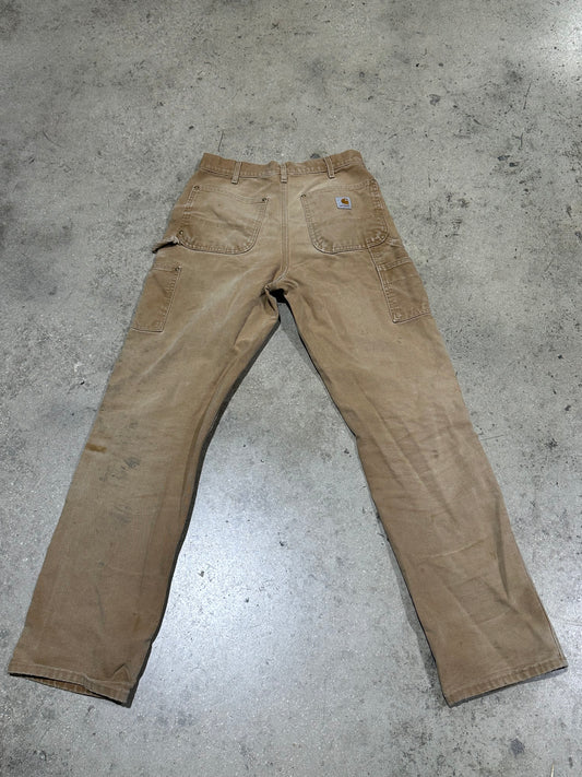 Distressed Carhartt Double Knee Pants - Faded Khaki Size 32x34