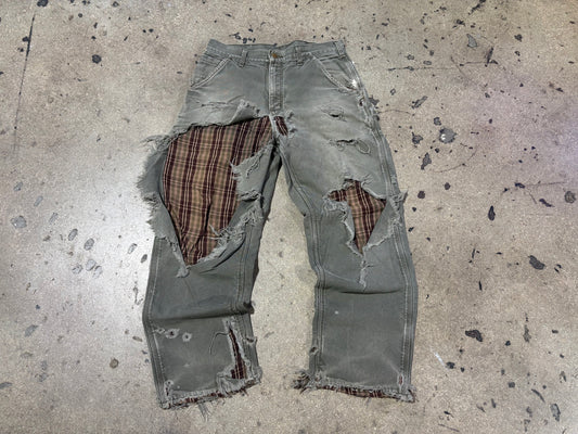 Distressed Carhartt Blown Out Flannel Lined Pants - Olive Size 32 x 30